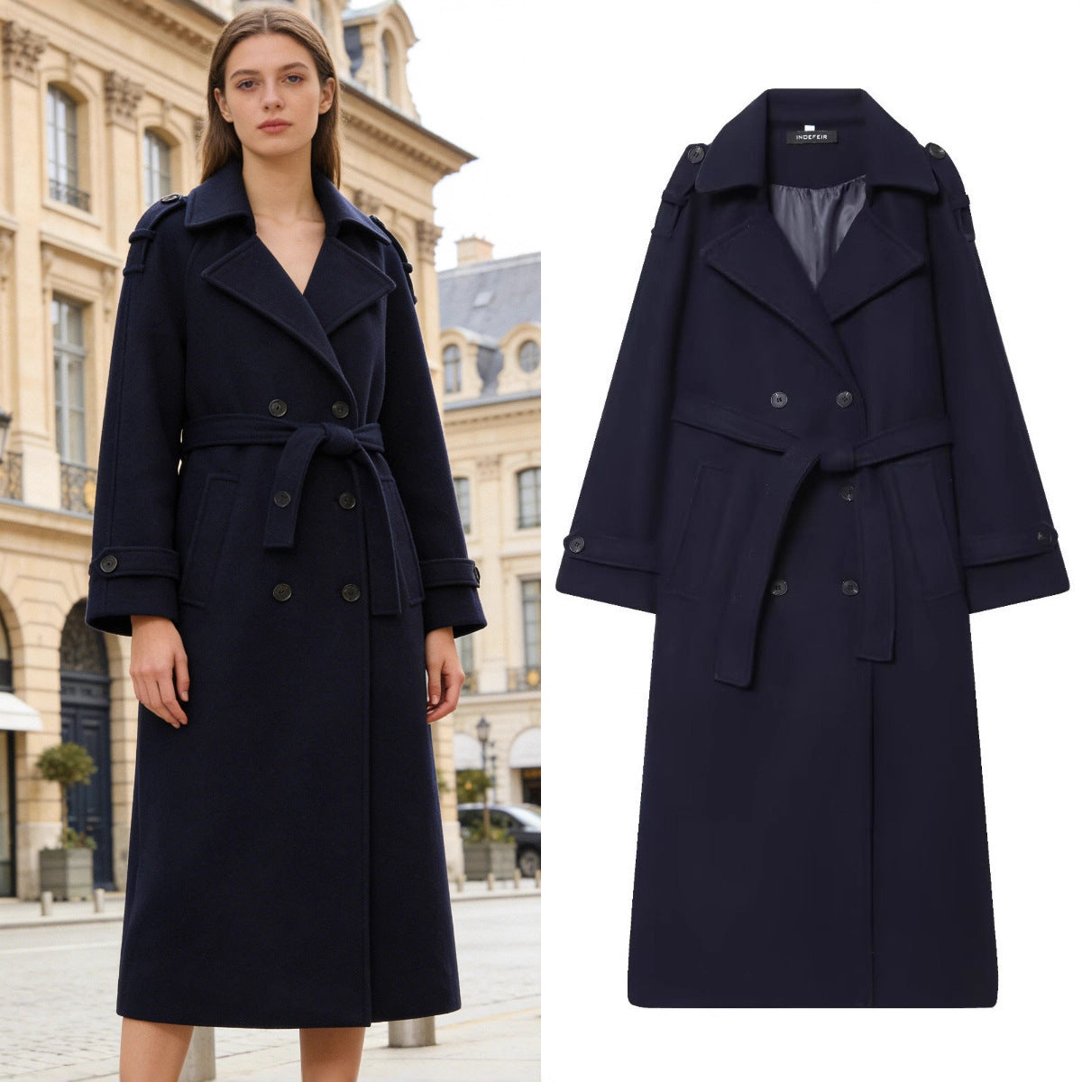 Women's Long Double-Breasted Wool Coat with Waist Belt and Epaulettes Fashion Glam