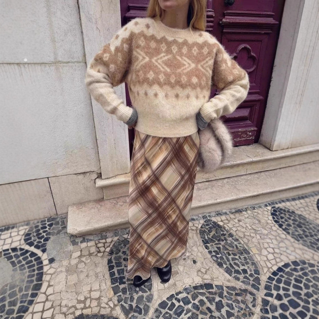 Women's Fluffy Knitted Sweater with Norwegian Pattern and Boxy Fit Fashion Glam