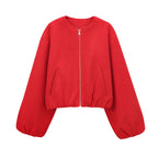 Women's Short Wool Blend Bomber with Round Neck, Zipper and Elastic Hem Fashion Glam