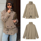 Women's short trench coat with double-breasted button placket, waist belt, and high standing collar Fashion Glam