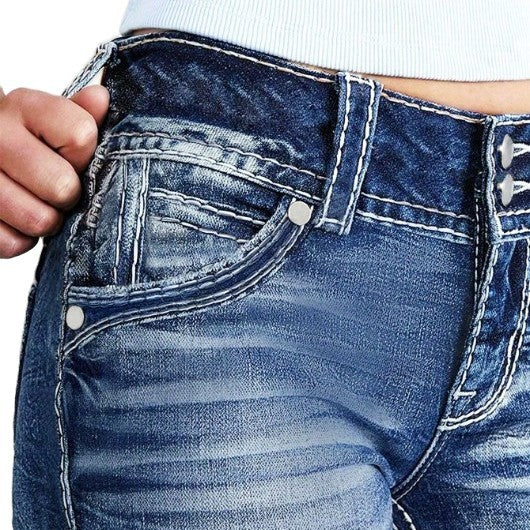 Women's high-waisted bootcut jeans with shaping waistband and visible button placket Fashion Glam