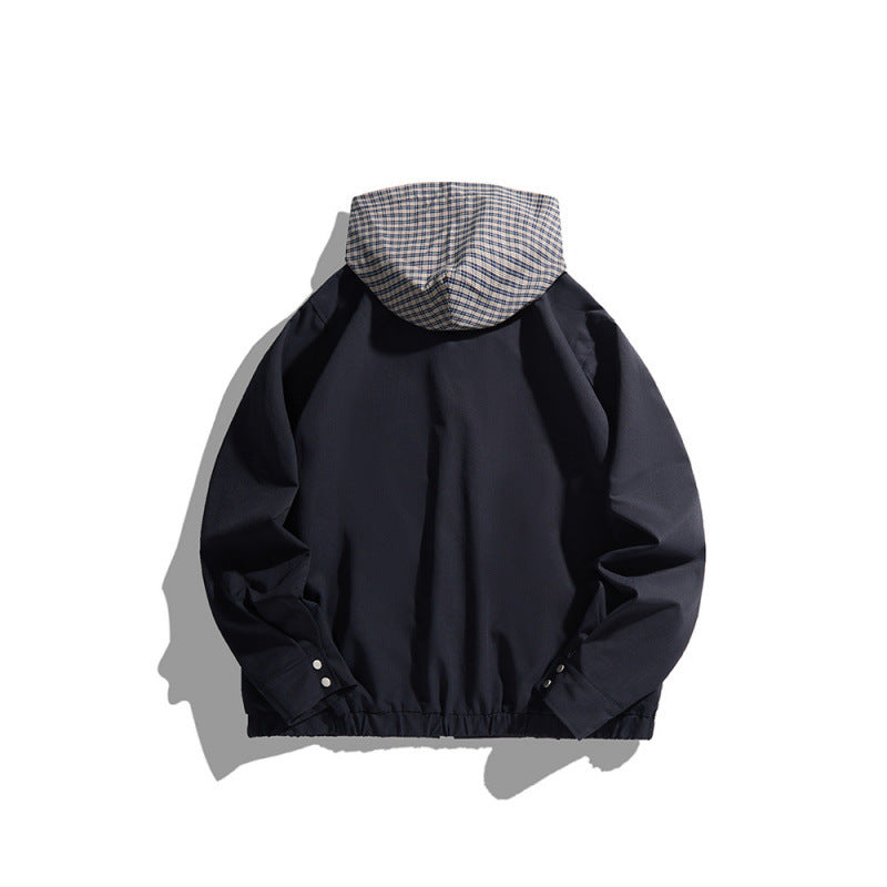 Unisex Lightweight Hooded Transition Jacket with Checkered Pattern Lining and Chest Pocket Fashion Glam