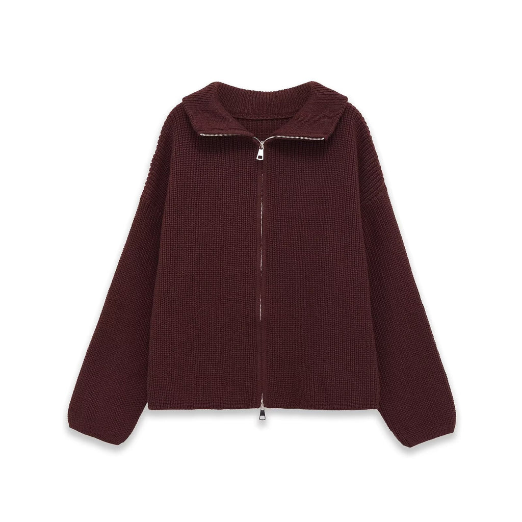 Women's Chunky Knit Zip Cardigan with Stand-up Collar and Oversized Silhouette Fashion Glam