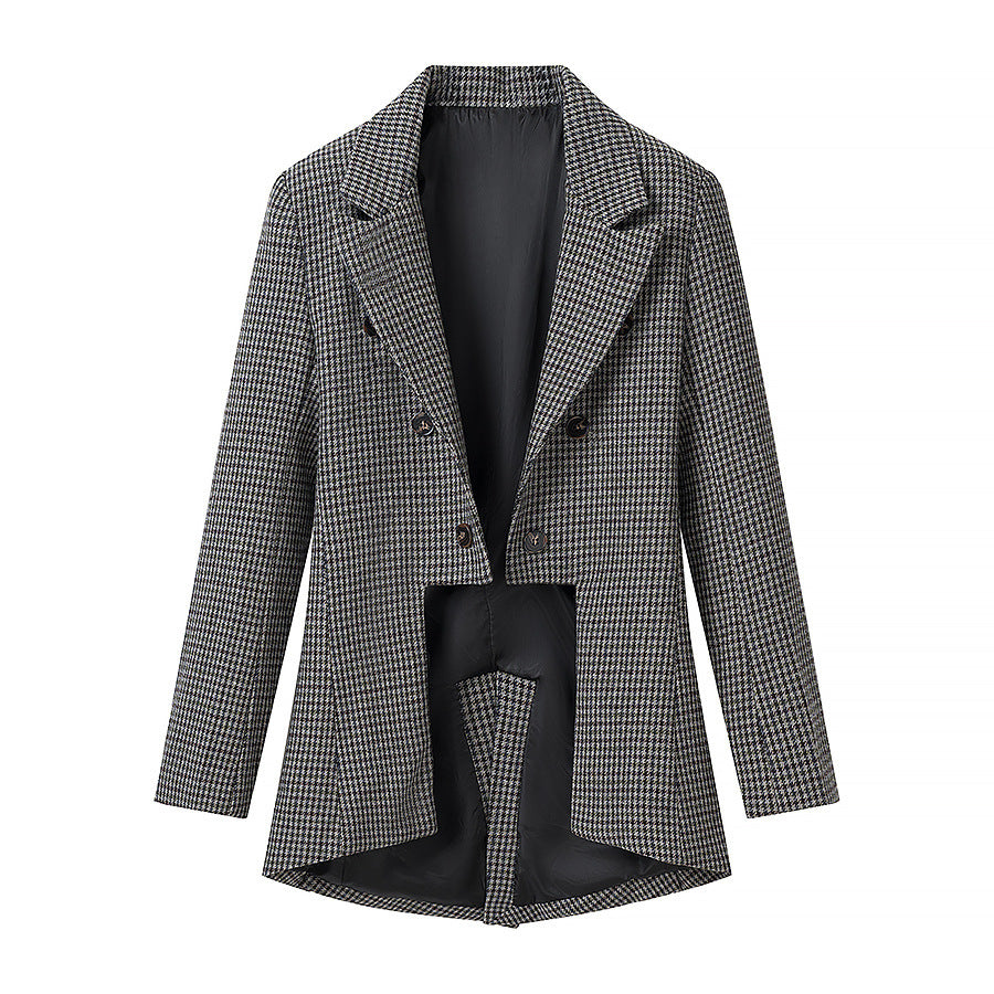 Women's Tailored Houndstooth Blazer with Tail and Lapel Collar Fashion Glam
