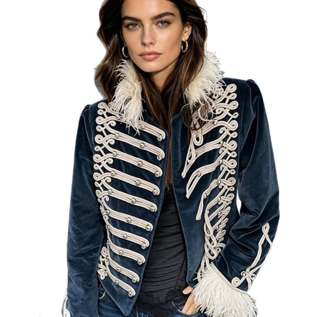 Women's tailored velvet military jacket with decorative cord appliqués and feather trim Fashion Glam