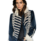 Women's tailored velvet military jacket with decorative cord appliqués and feather trim Fashion Glam