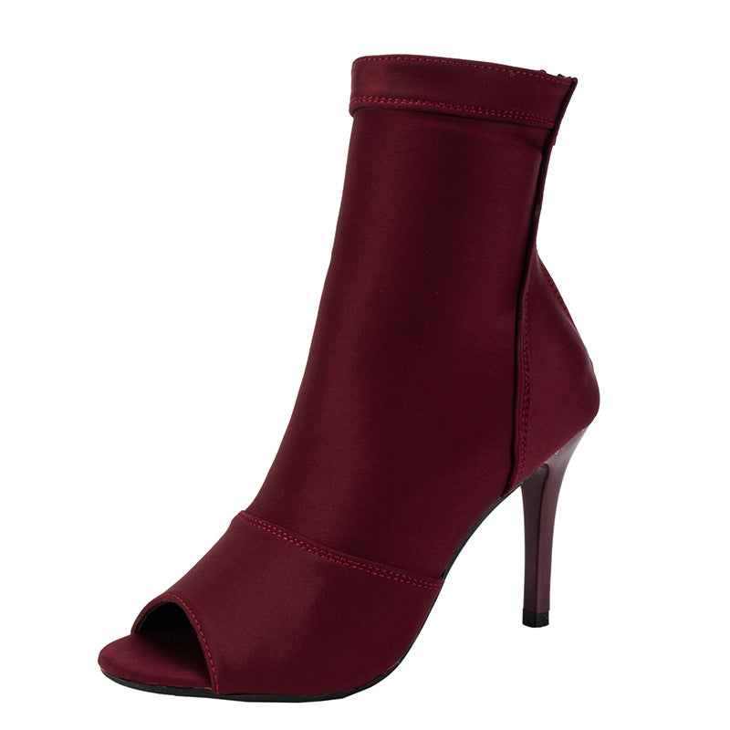 Women's Open Toe Ankle Boots with Stretch Shaft and Slim Stiletto Heel Fashion Glam