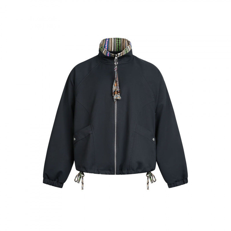 Women Short Tail Bomber Jacket with Stand-Up Collar and Patterned Lining Fashion Glam