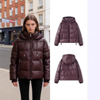 Women's Short Quilted Faux Leather Puffer Jacket with Hood, Drawstring and Side Pockets Fashion Glam