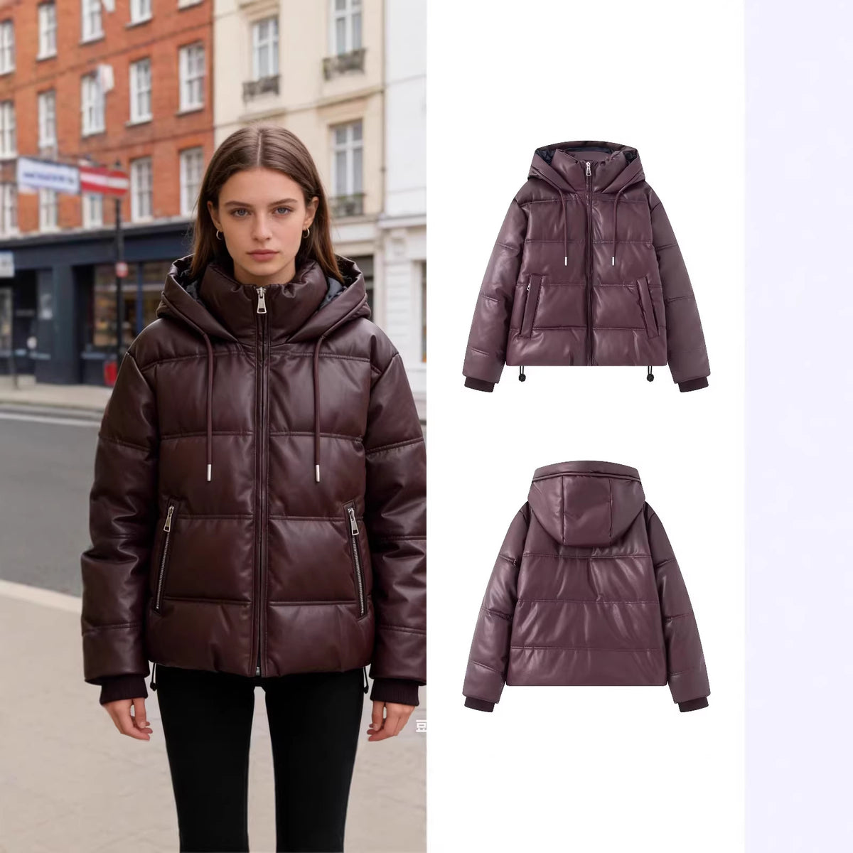 Women's Short Quilted Faux Leather Puffer Jacket with Hood, Drawstring and Side Pockets Fashion Glam