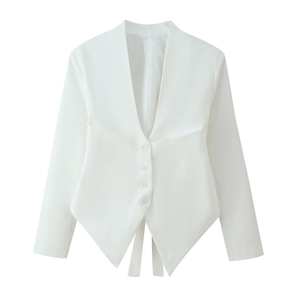Women Asymmetrical Blazer Jacket with Deep V-Neck and Pointed Hem Fashion Glam