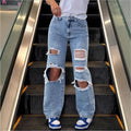 Women's High-Waist Baggy Jeans with large knee rips and straight leg Fashion Glam