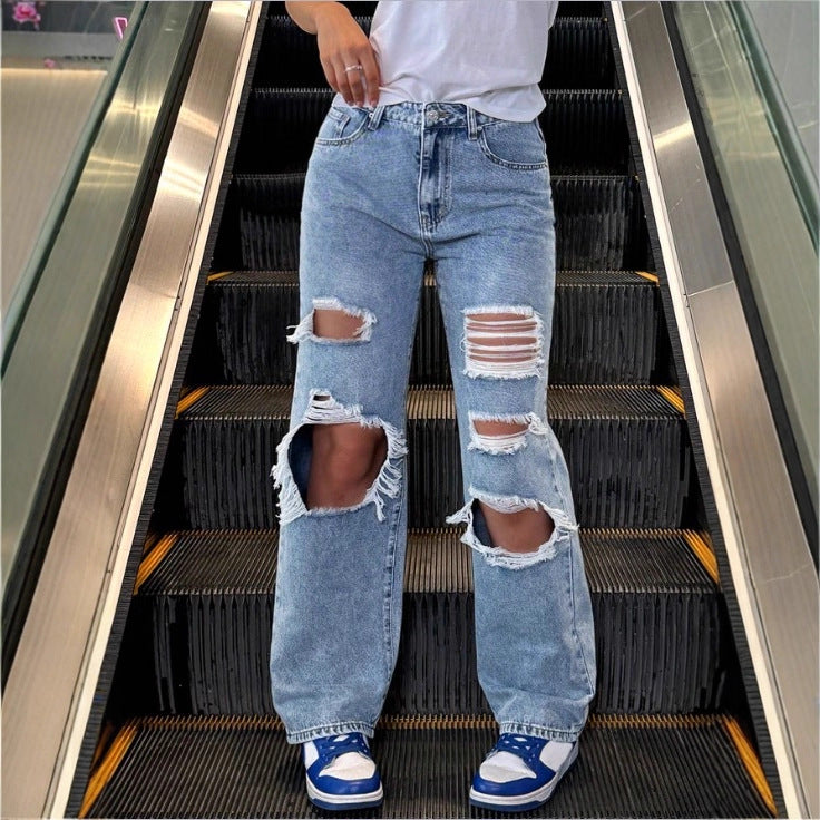 Women's High-Waist Baggy Jeans with large knee rips and straight leg Fashion Glam