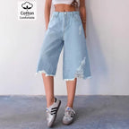 Women's Wide Denim Culotte with High Waist, Distressed Details and Raw Hem Fashion Glam