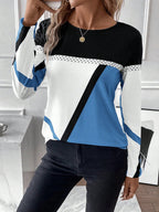 Women's Long Sleeve Shirt with Graphic Colorblock Design and Round Neck Fashion Glam
