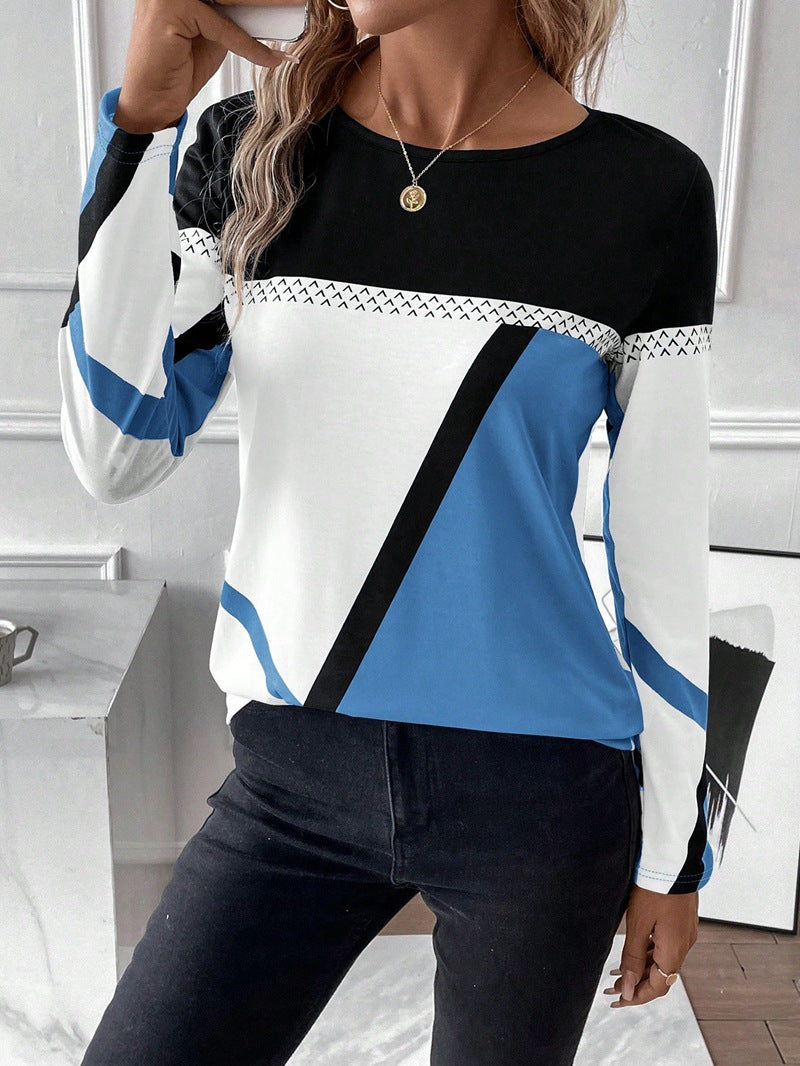 Women's Long Sleeve Shirt with Graphic Colorblock Design and Round Neck Fashion Glam