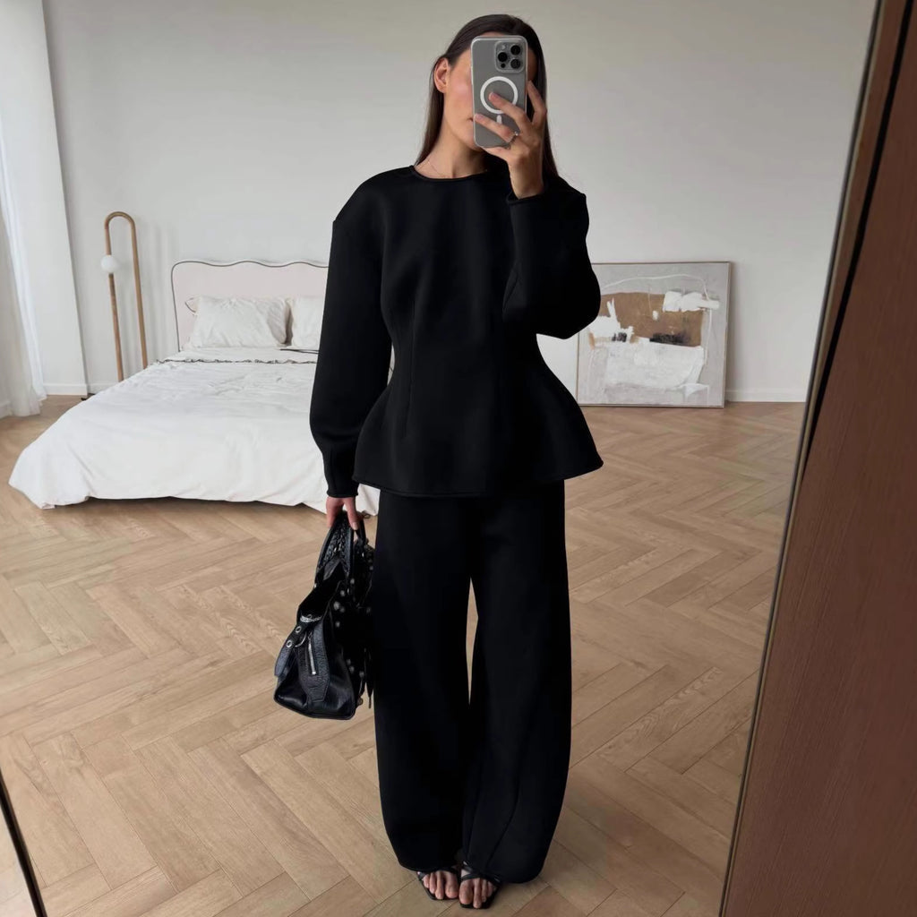 Women's Two-Piece Lounge Set with Tailored Peplum Top and Wide Pants Fashion Glam