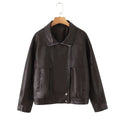 Women's Oversized Faux Leather Blouson Jacket with Asymmetric Zipper and Flap Pockets Fashion Glam