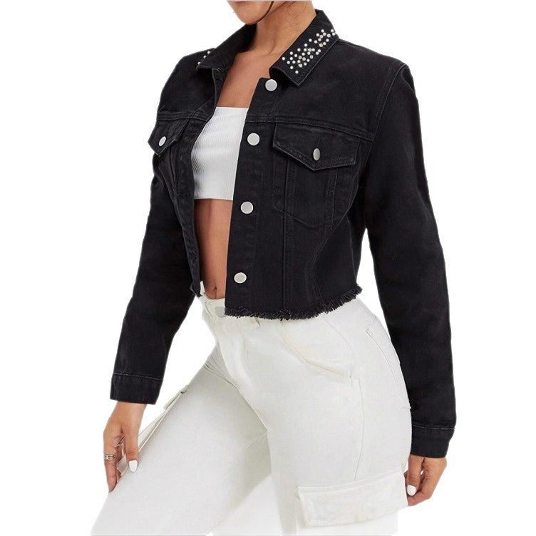 Women's Cropped Denim Jacket with Studded Collar, Frayed Hem and Flap Pockets Fashion Glam