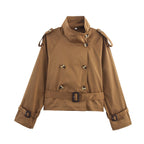 Women's Short Double-Breasted Trench Blouson with High Stand Collar, Shoulder Tabs, and Waist Belt Fashion Glam