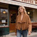 Women’s short jacket in waterfall look with soft velour finish and wide shawl collar Fashion Glam