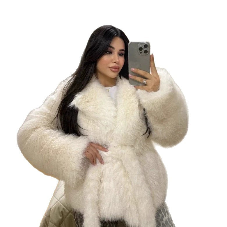 Women's short coat made of long-pile faux fur with a waist-defining tie belt Fashion Glam