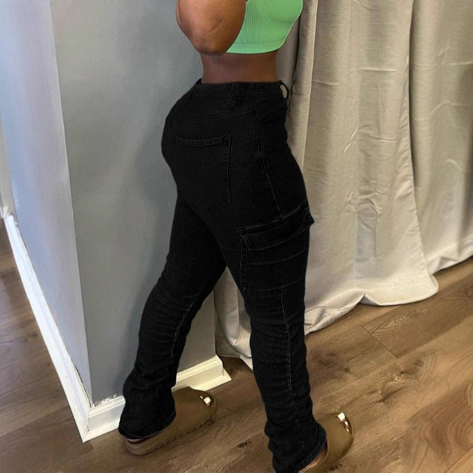 Women's High-Waisted Cargo Jeans with Slim Fit and Gathered Leg Hems Fashion Glam