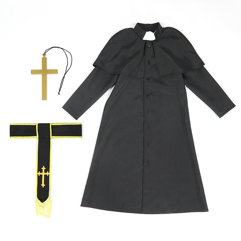 Men's Priest Costume with Cape and Golden Accessories Fashion Glam