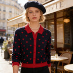 Women Short-Cut Cardigan with Shirt Collar, Heart Jacquard and Button Placket Fashion Glam