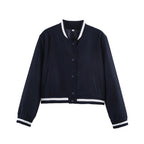 Women's short-cut college bomber jacket with ribbed striped collar and snap button placket Fashion Glam