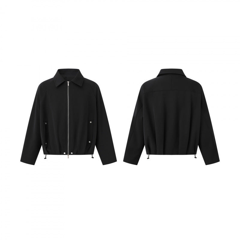 Unisex Short cut boxy zip blouson jacket with shirt collar, drawstring hem and snap button pockets Fashion Glam