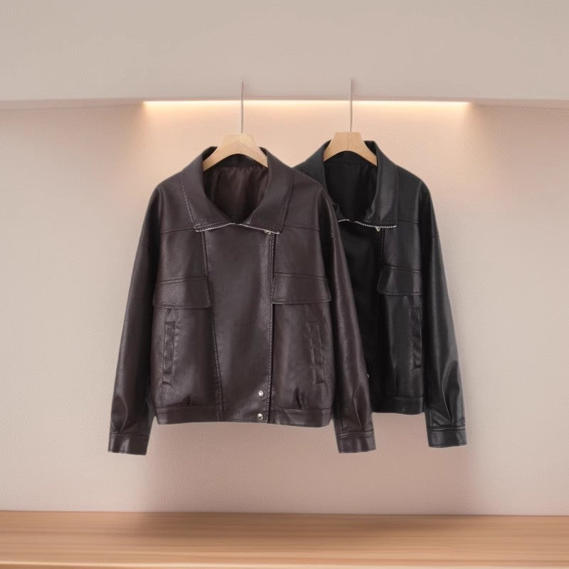 Women Oversized Faux Leather Bomber Jacket with Flap Pockets and Asymmetrical Zipper Fashion Glam
