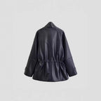 Women's Oversized Jacket in Leather Look with Stand-up Collar and Waist Drawstring Fashion Glam