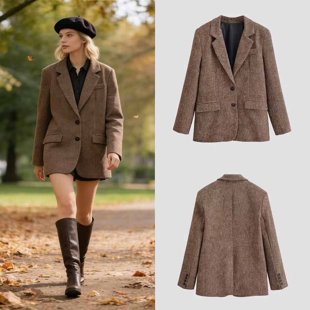 Women's Oversize Tweed Blazer with Houndstooth Pattern and Flap Pockets Fashion Glam
