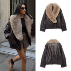 Women's Short Leather Blouson Jacket with XXL Fur Collar Fashion Glam