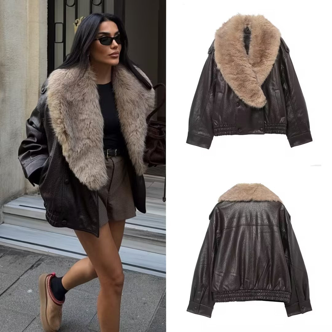 Women's Short Leather Blouson Jacket with XXL Fur Collar Fashion Glam
