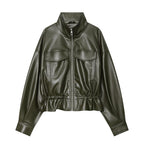 Women's Cropped Faux Leather Blouson with Drawstring, Patch Flap Pockets and High Stand Collar Fashion Glam