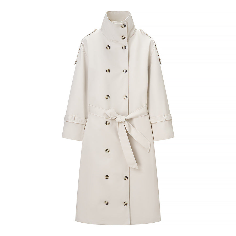 Women Longer double-breasted trench coat with high stand-up collar and waist belt Fashion Glam