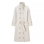 Women Longer double-breasted trench coat with high stand-up collar and waist belt Fashion Glam