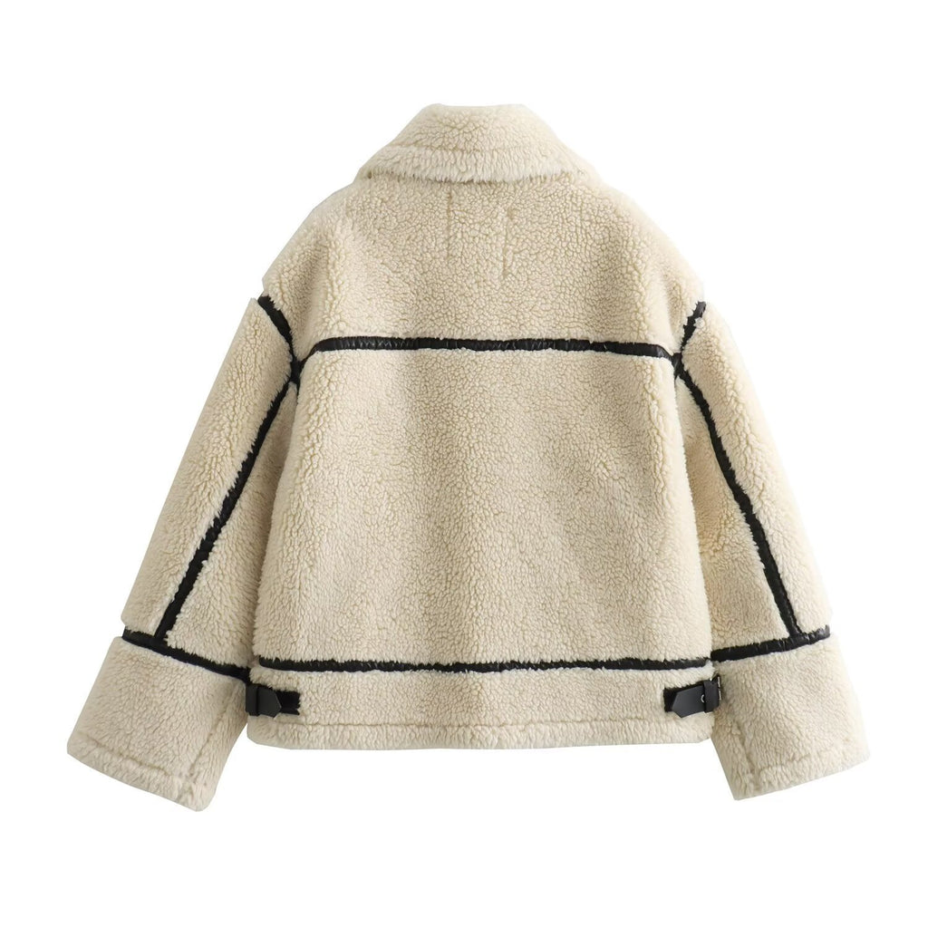 Ladies Oversize Teddy Jacket in Aviator Look with Contrast Seams and Webbing Details Fashion Glam