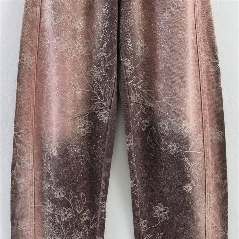Women's High-Waist Jeans with Wide Leg, Floral Vintage Print and Five-Pocket Cut Fashion Glam