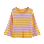 Women Oversized Striped Fine Knit Sweater with Round Neck and Half-Length Sleeves Fashion Glam