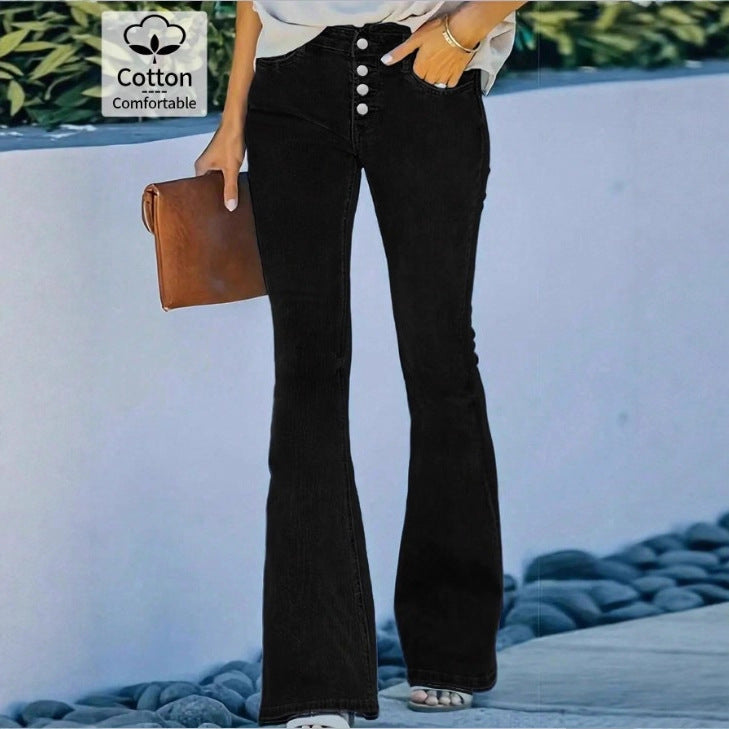 Ladies high-waisted flare jeans with decorative button placket and sculpting fit Fashion Glam