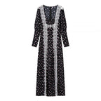 Women's Long Sleeve Maxi Dress with Lace Trimmings, Deep V-Neck and Floral All-Over Print Fashion Glam