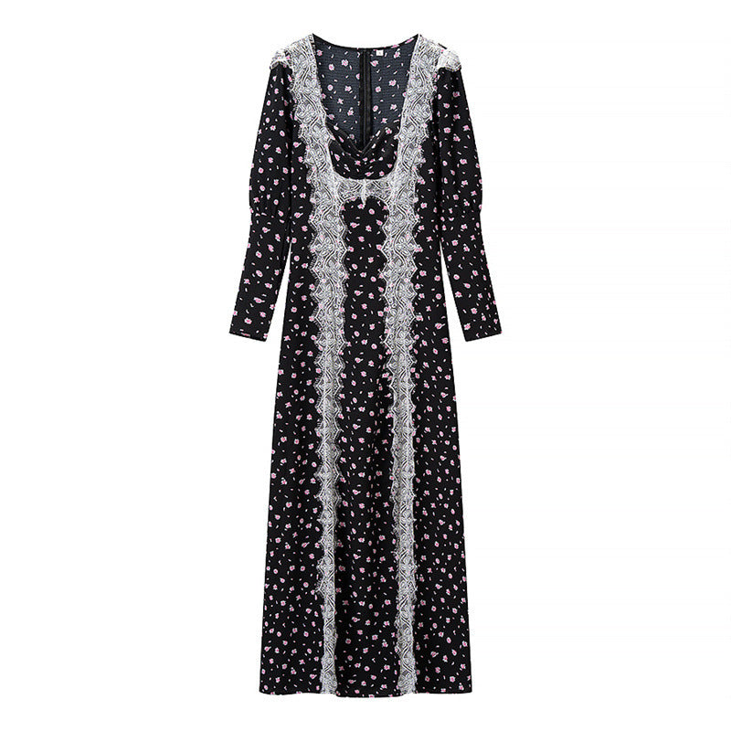 Women's Long Sleeve Maxi Dress with Lace Trimmings, Deep V-Neck and Floral All-Over Print Fashion Glam