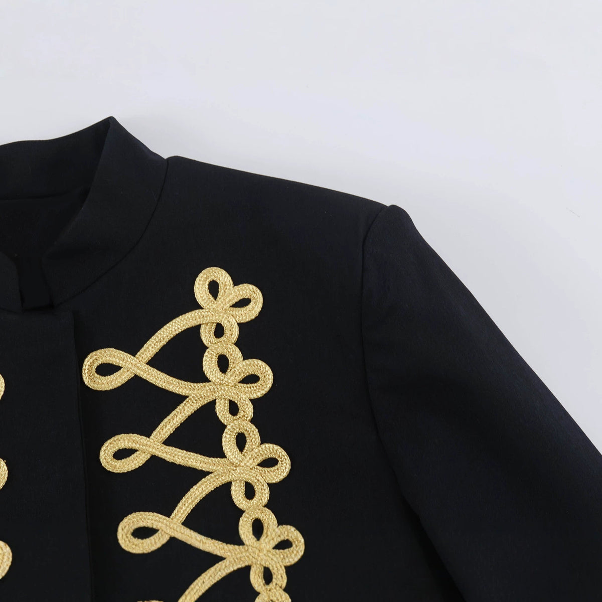 Women's Cropped Bolero Jacket with High Stand-Up Collar and Decorative Galloon Trim Fashion Glam