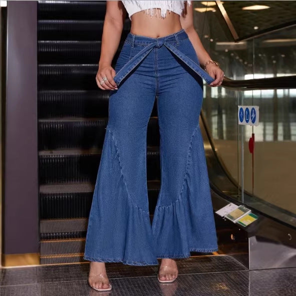 Women's High-Waisted Denim Palazzo Jeans with Overlapping V-Waist, Wide Flare, and Front Slit Fashion Glam