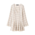 Women's Lightweight V-Neck Midi Dress with Check Pattern, Tailored Godet Skirt and Crinkle Structure Fashion Glam