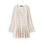 Women's Lightweight V-Neck Midi Dress with Check Pattern, Tailored Godet Skirt and Crinkle Structure Fashion Glam