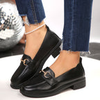 Ladies Patent Leather Platform Loafer with Gold Horsebit Detail and Low Block Heel Fashion Glam